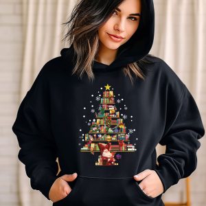 May include: Black hooded sweatshirt with a Christmas tree design made of books. The tree is decorated with a star, ornaments, and snowflakes. A Santa Claus figure is sitting at the base of the tree.