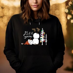 May include: A black hoodie with a white graphic of a snowman with a Christmas tree and the text '*Let it Snow'.
